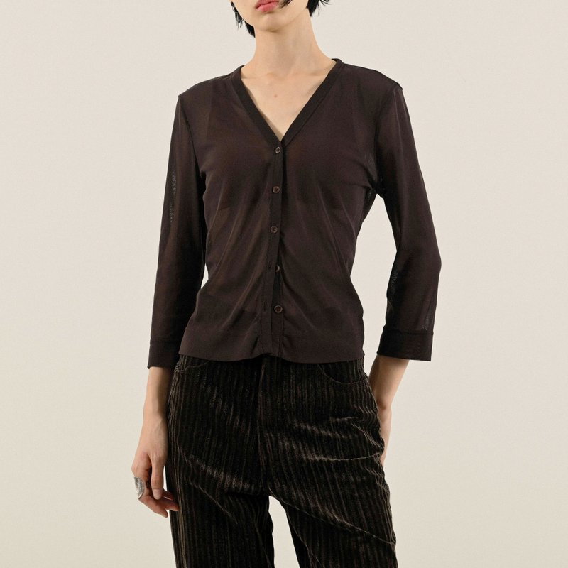 【NaSuBi Vintage】Sheer Gauze V-Neck Vintage Top - Women's Shirts - Other Man-Made Fibers Brown