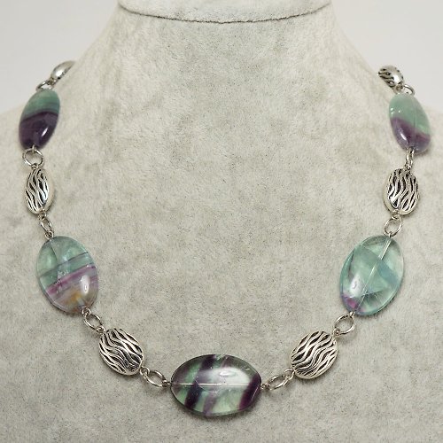 AGATIX Teal Sage Mint Green Purple Fluorite Large Oval Beaded Necklace Woman Jewelry