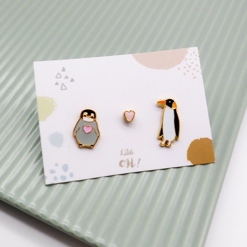 Little OH! 手工飾品 企鵝母子 特別早晨 夾式耳環 生日禮物 紙盒包裝 可愛動物