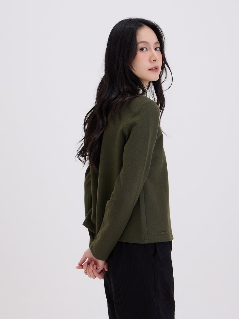花紗圓領不對襯開岔長袖上衣-軍綠 - 女上衣/長袖上衣 - 羊毛 綠色