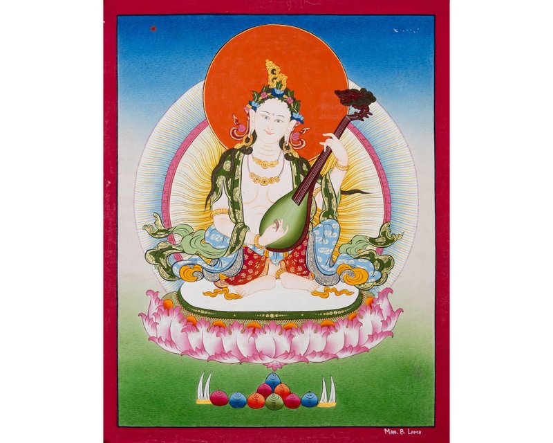 Sacred Saraswati Thangka: Enhance Your Space with Divine Knowledge - Wall Décor - Other Materials Multicolor