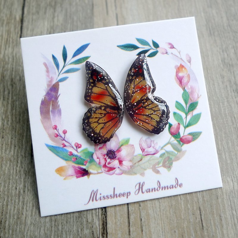 Misssheep-Butterfly Wings Collection-Orange Red Handmade Earrings (Straightening / Transparent Ear Clips) - ต่างหู - พลาสติก สีส้ม