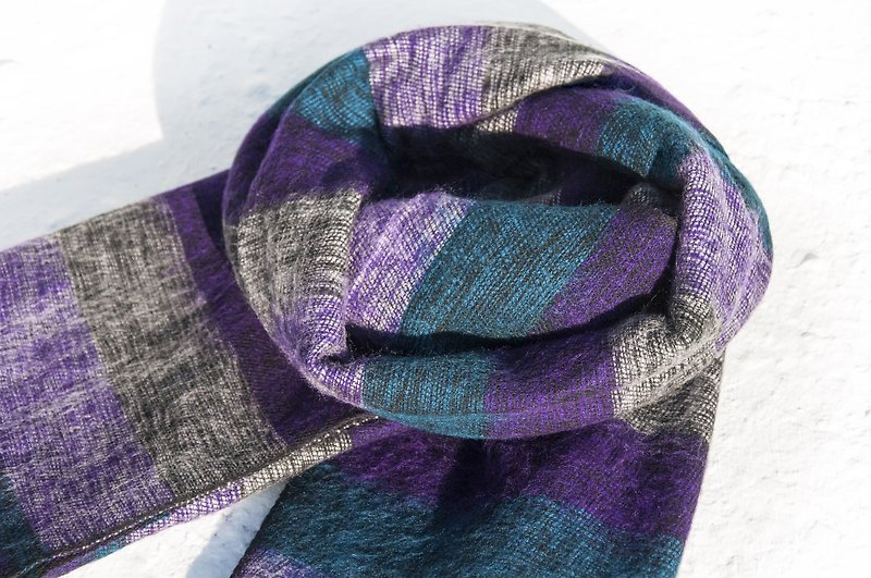 Boho knit scarf / hand-woven scarf / knitted blanket / pure wool shawl - Moroccan striped lavender - ผ้าพันคอ - ขนแกะ หลากหลายสี