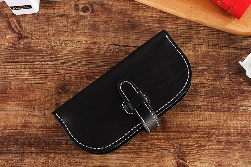 [Cutting line] Italian vegetable tanned leather handmade leather wallet long clip 001 black - กระเป๋าสตางค์ - หนังแท้ สีดำ