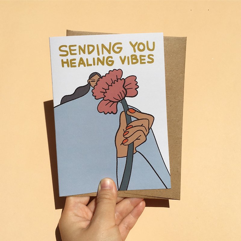 การ์ด ให้กำลังใจ มินิมอล ผู้หญิง ดอกไม้ Sending You Healing Vibes Get Well Card - การ์ด/โปสการ์ด - กระดาษ 