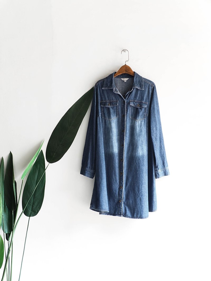 神奈川性格刷色青春搖滾派對 古董棉質丹寧襯衫外套洋裝 shirt - 恤衫 - 棉．麻 藍色