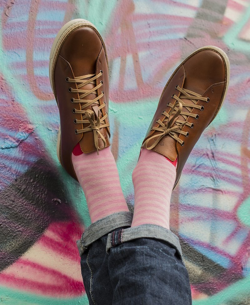 Simple Stripe Fine Sock - Pink+Red - ถุงเท้าข้อกลาง - ผ้าฝ้าย/ผ้าลินิน สึชมพู