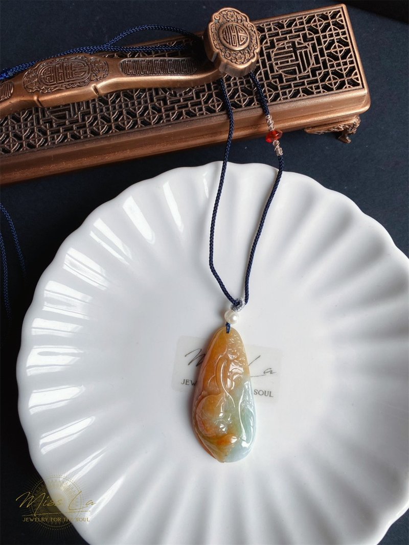 緬甸玉翡翠 天然紅翡 手工雕 荷葉魚 翡翠 禮物 天然石 項鍊 - 項鍊 - 玉石 紅色