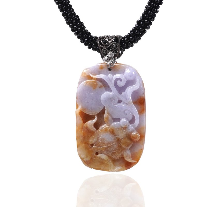 Violet yellow jadeite carved fish necklace | natural Burmese jade A grade jadeite | gift - สร้อยคอ - หยก หลากหลายสี