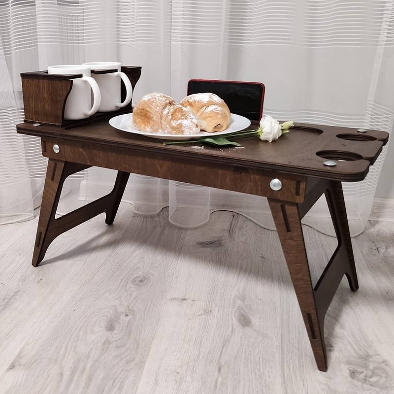 Bed Table, Wooden Bed Folding Table, Serving Wood Tray for Breakfast - ถาดเสิร์ฟ - ไม้ สีนำ้ตาล