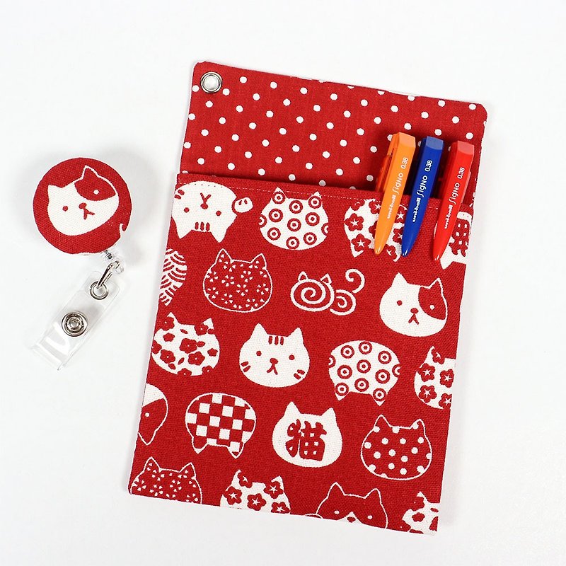 醫師袍 口袋式 防漏墨 收納袋 筆袋+證件夾 - 日式 貓臉 (紅) - 筆盒/筆袋 - 棉．麻 紅色
