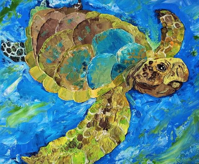 亀　油絵　原画　絵　動物　インテリア　絵画　アート　かわいい　おしゃれ　カラフル 客廳 掛畫 カメの絵 壁の装飾 吊り下げ絵 動物のアートワーク アート