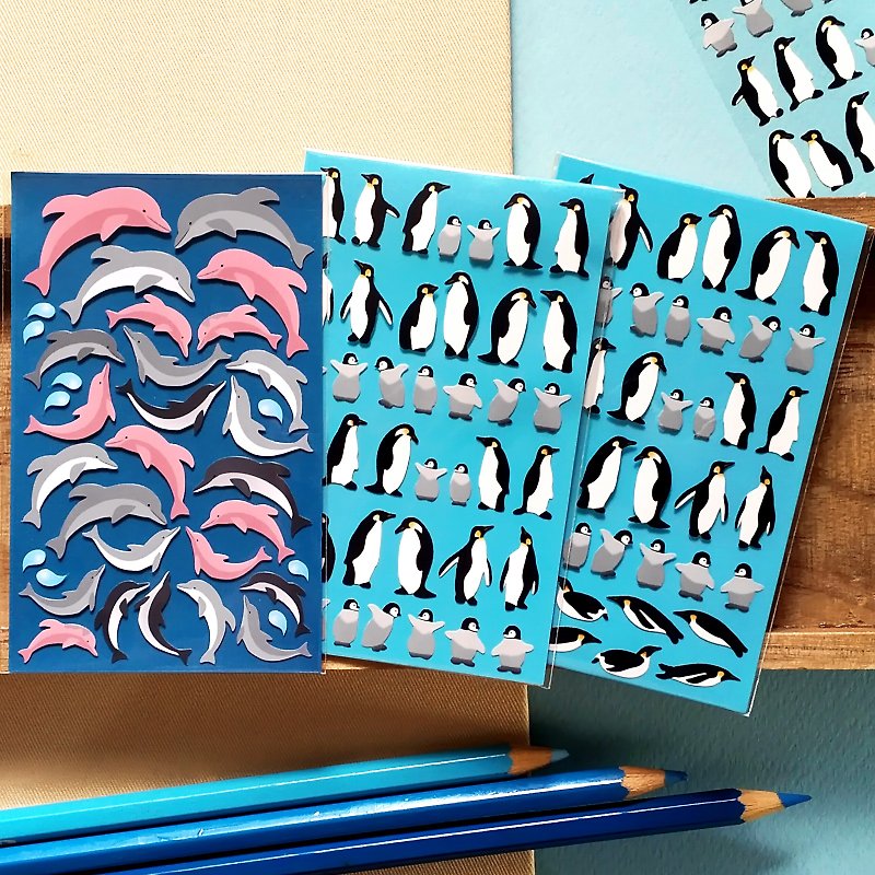 Dolphin Stickers / Emperor Penguin Stickers (2 or 3 Pieces Set) - สติกเกอร์ - วัสดุกันนำ้ ขาว