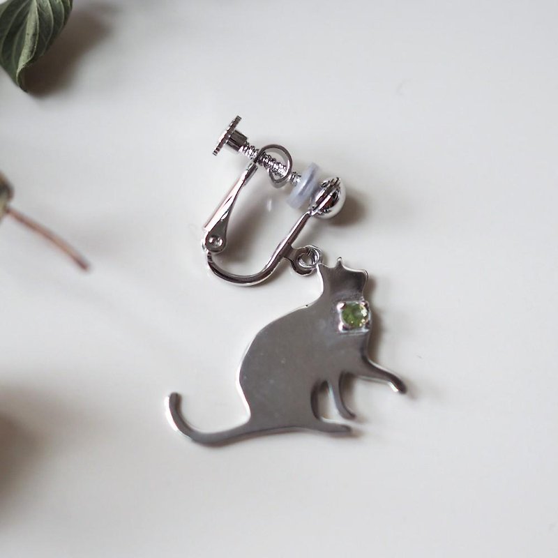 One Ear Cat Silhouette Clip-On Begging Cat Blue Moonstone, Blue Topaz, Amethyst, Peridot - Earrings & Clip-ons - Gemstone 