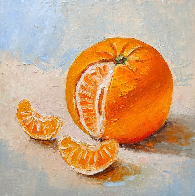 Tangerine Original Oil Painting, Kitchen Small Still Life 手工油畫 油畫原作 - โปสเตอร์ - วัสดุอื่นๆ หลากหลายสี