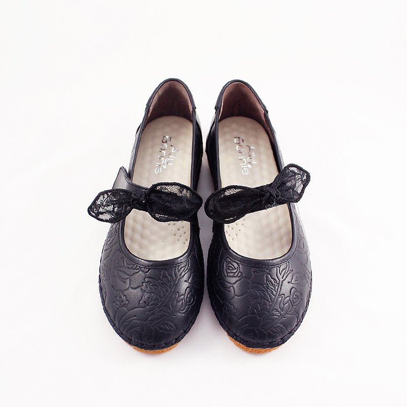 Chiu Chiu Bowknot Doll Shoes-Black Adult - รองเท้าลำลองผู้หญิง - หนังแท้ สีดำ