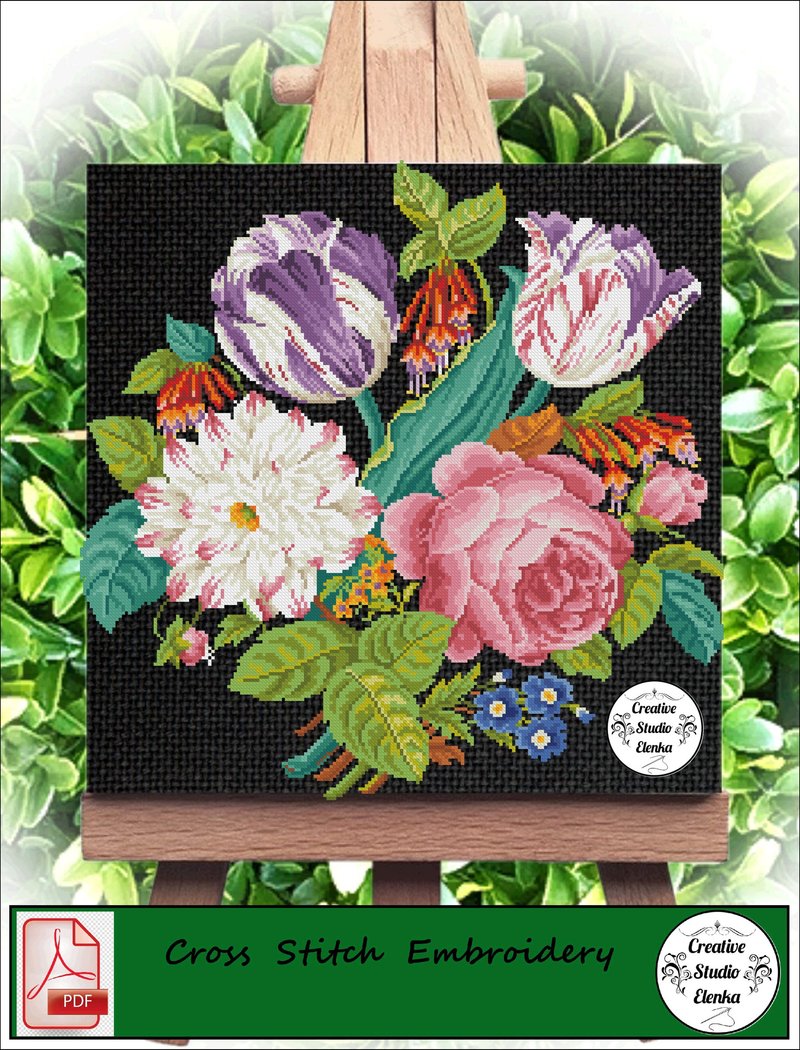 Vintage Cross Stitch Scheme Spring flowers - PDF Embroidery Scheme - เย็บปัก/ถักทอ/ใยขนแกะ - วัสดุอื่นๆ 