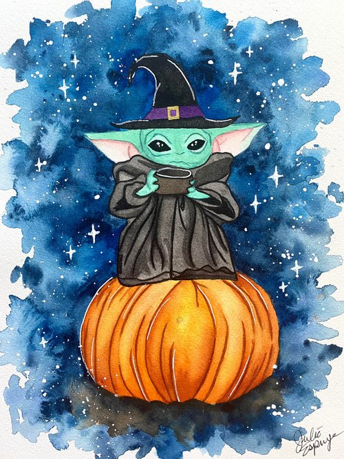 Premium Photo  A watercolor painting of a baby yoda sitting on a pumpkin.