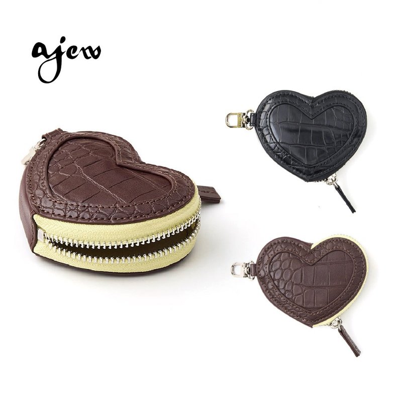 ajew croco heart pouch 鱷魚紋愛心造型小包 - 零錢包/小錢包 - 人造皮革 咖啡色