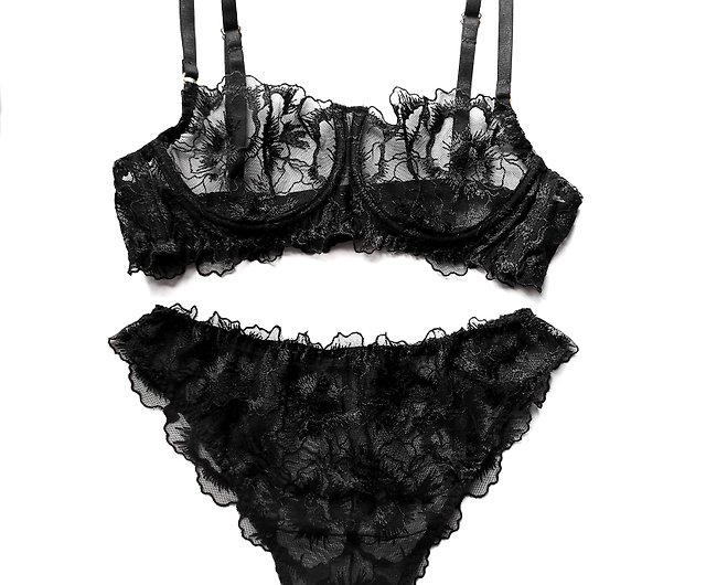 Floral lace lingerie set - Balconette bra, panty, garter belt - Lace  underwear - Shop Marina V Lingerie Women's Underwear - Pinkoi
