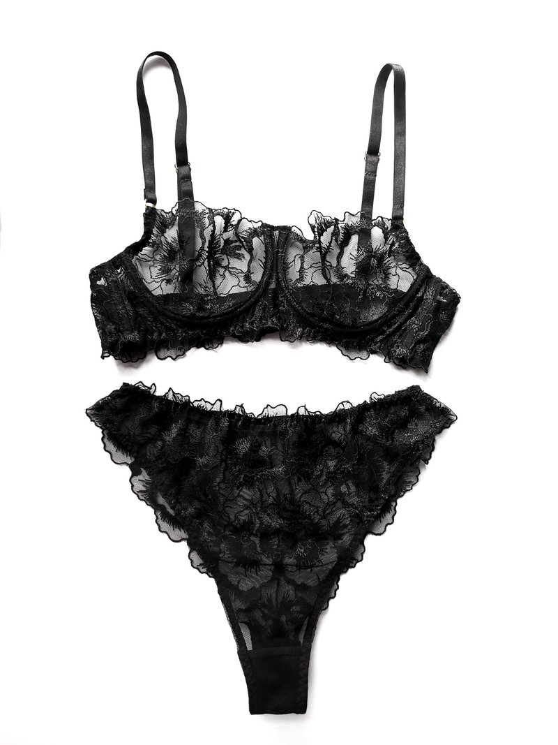 Floral lace lingerie set - Balconette bra, panty, garter belt - Lace underwear - Women's Underwear - Polyester Black