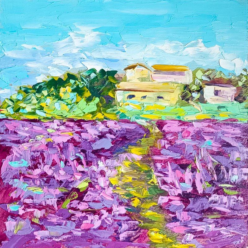 Landscape Painting Lavender Original Art Italy Oil Painting Small Wall Art - Wall Décor - Wood Purple