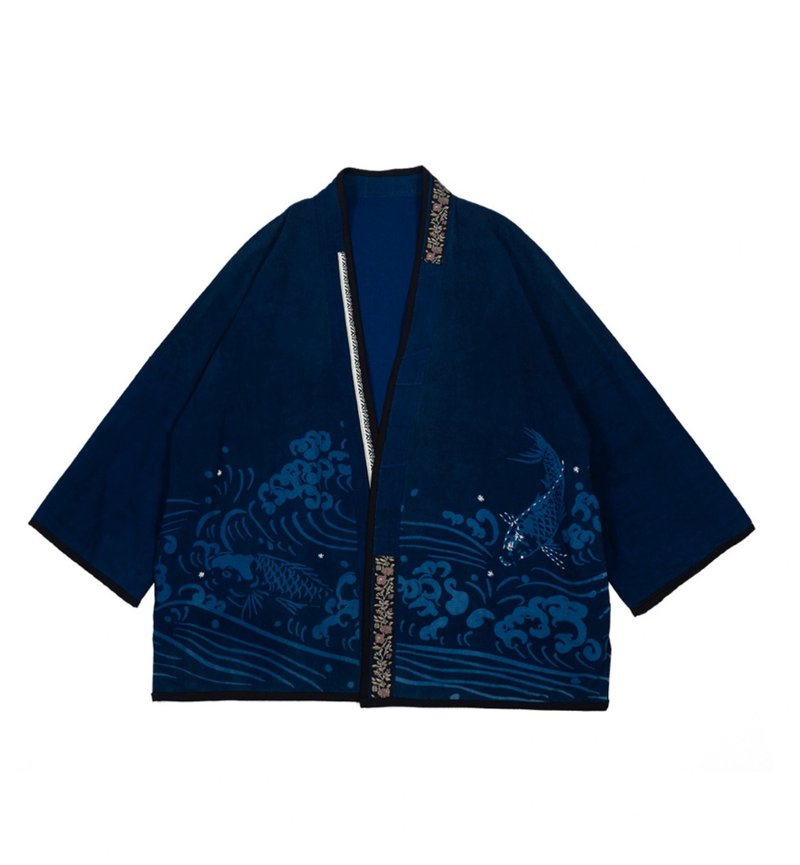 Fish-like plant indigo dyed koi robe coat - เสื้อโค้ทผู้ชาย - วัสดุอื่นๆ สีน้ำเงิน