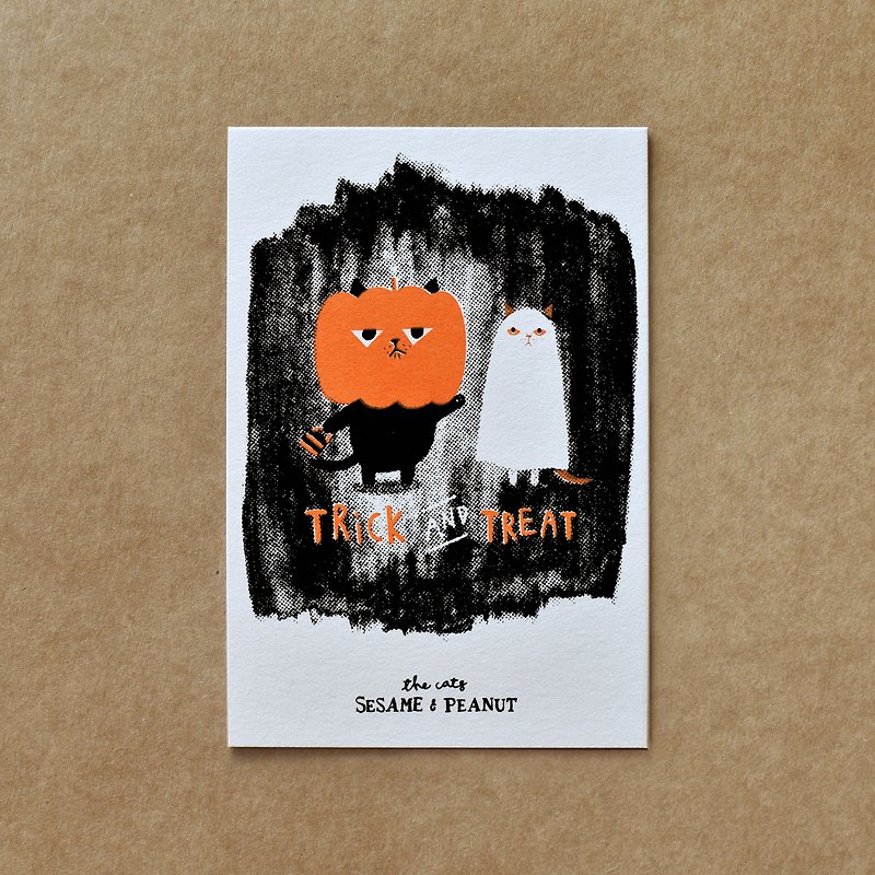 Trick and Treat Halloween Monster Cat Handmade Screen Printing Card - Cards & Postcards - Paper Multicolor