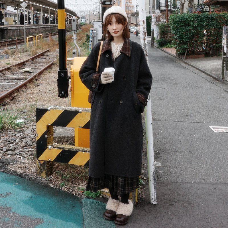 雙面呢雙排扣大衣|外套|冬款|Sora-1983 - 女大衣/外套 - 羊毛 灰色