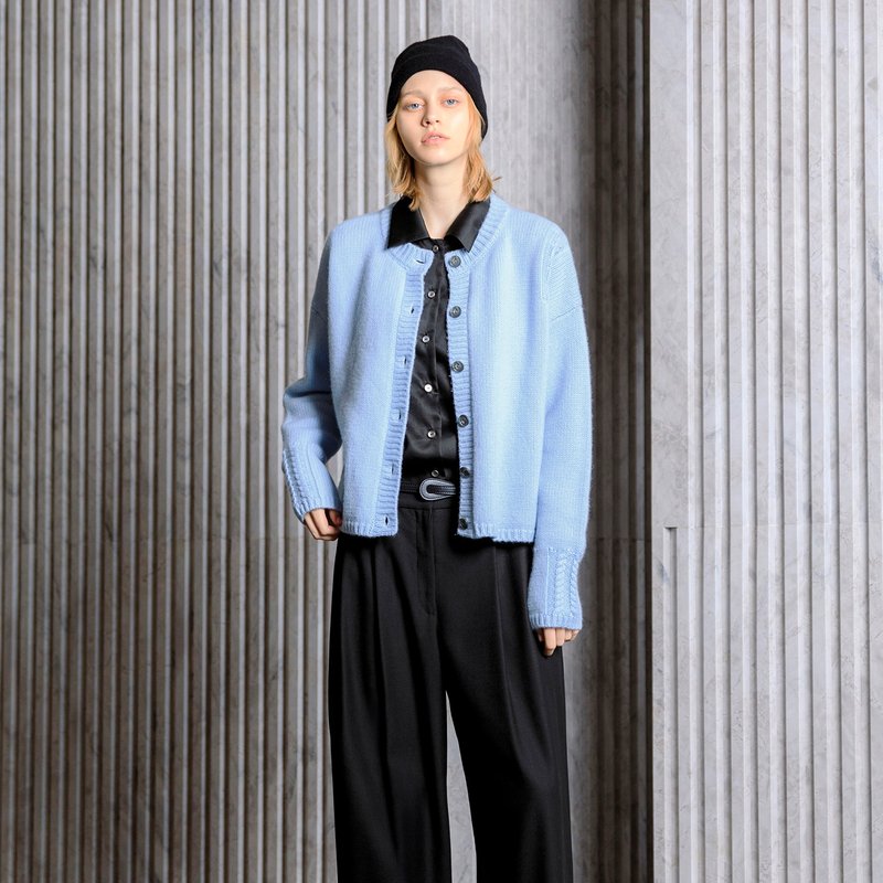 絞花針織開襟衫 - 女毛衣/針織衫 - 羊毛 藍色