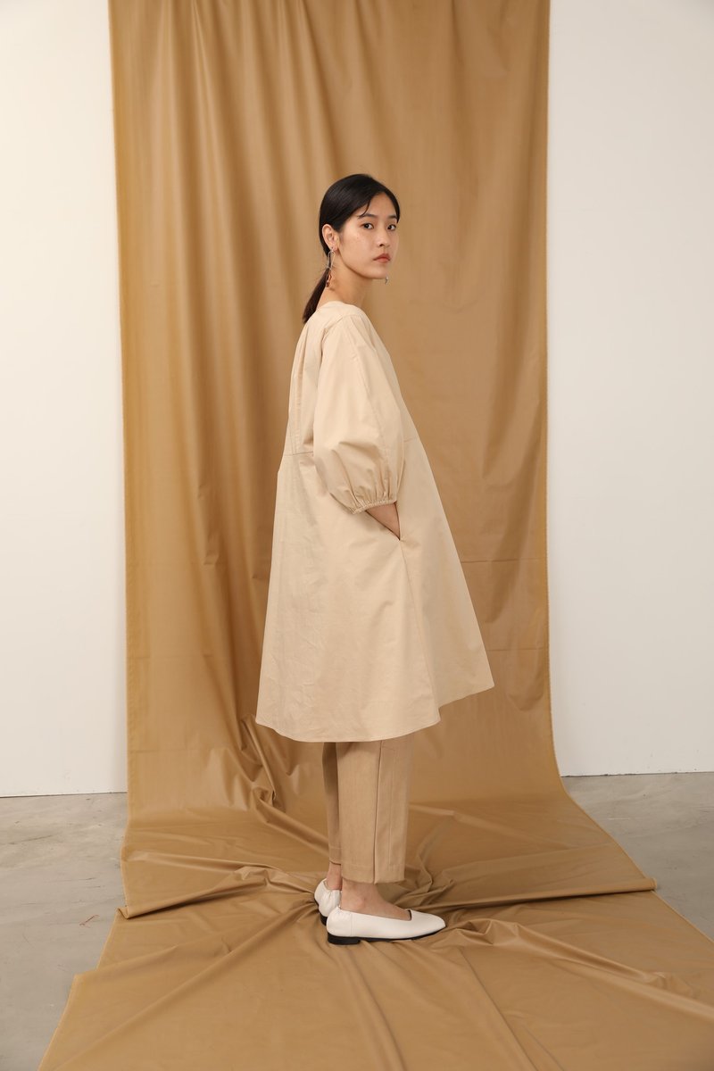 Simple round neck long dress - One Piece Dresses - Cotton & Hemp Khaki