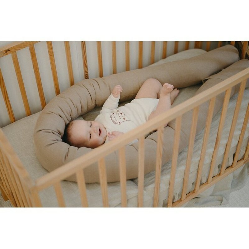 Neutral baby crib snake bumper pillow - bumper pad for newborn bed - Bedding - Linen Multicolor