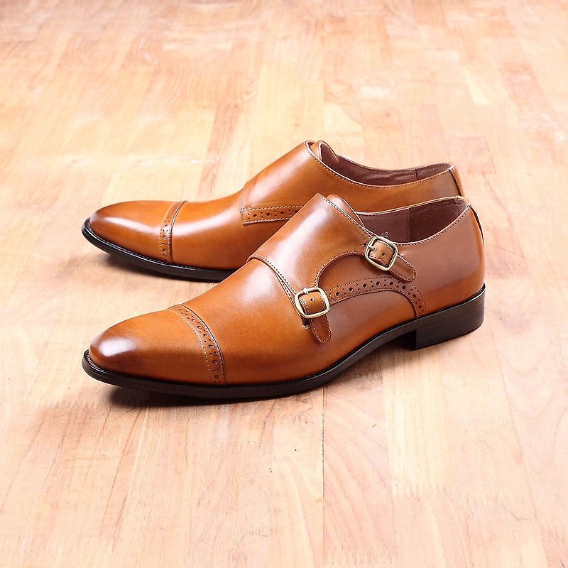 Vanger Classic Horizontal Embossed Double Buckle Monk Shoes Va228 Brown - รองเท้าลำลองผู้ชาย - หนังแท้ สีนำ้ตาล