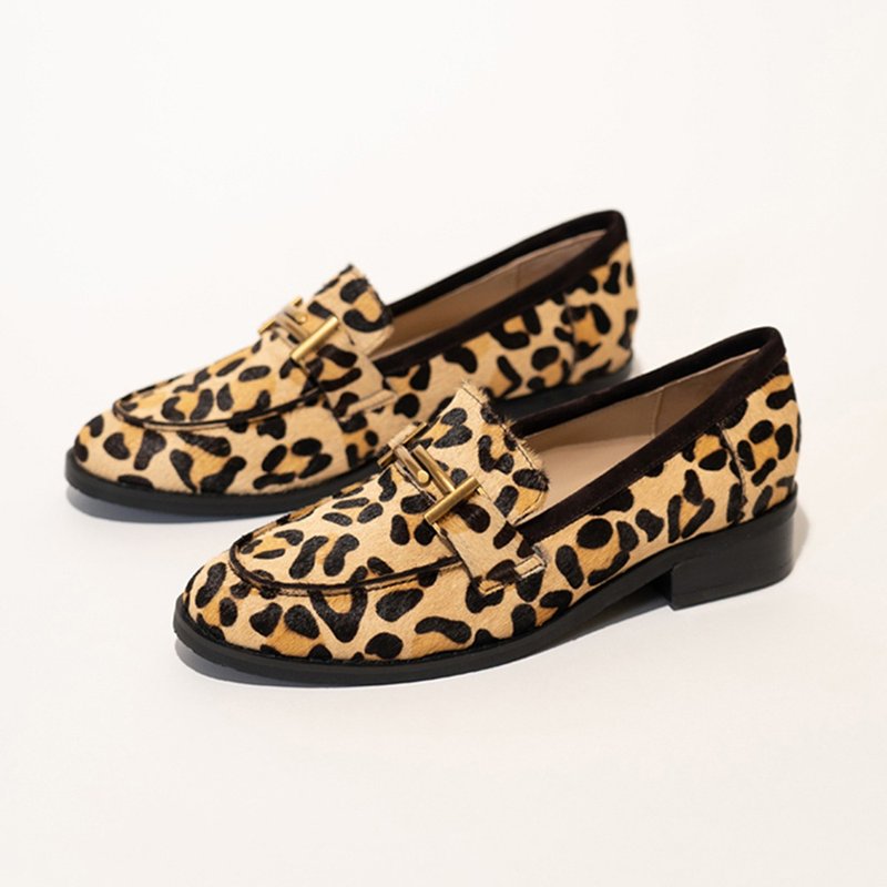 Lewis Walt British college style retro animal print round toe loafers thick heel thick sole women's shoes one foot - รองเท้าอ็อกฟอร์ดผู้หญิง - หนังแท้ สีดำ