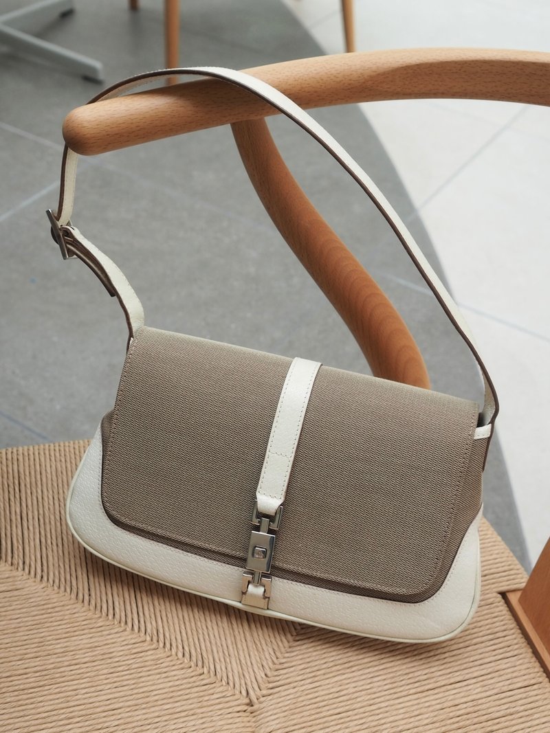 GUCCI Jackie shoulder bag in beige canvas and leather, vintage - Messenger Bags & Sling Bags - Cotton & Hemp Khaki