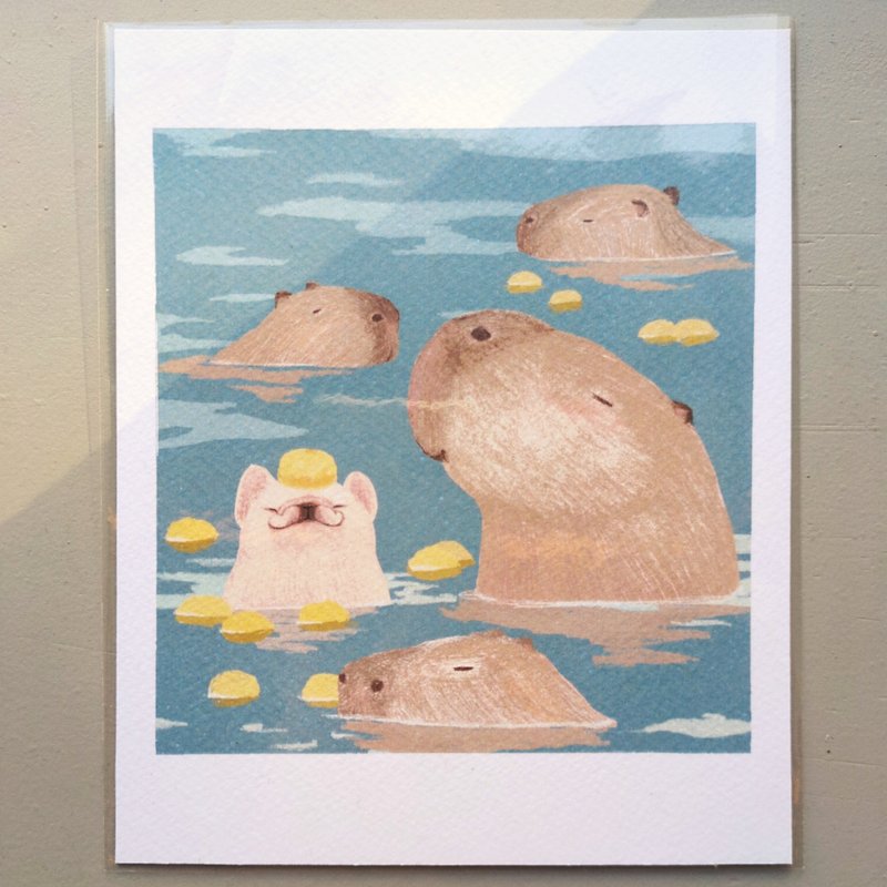 Capybara Family Enjoying a hot spring bath / Illustration Poster / Art Print - โปสเตอร์ - กระดาษ สีกากี