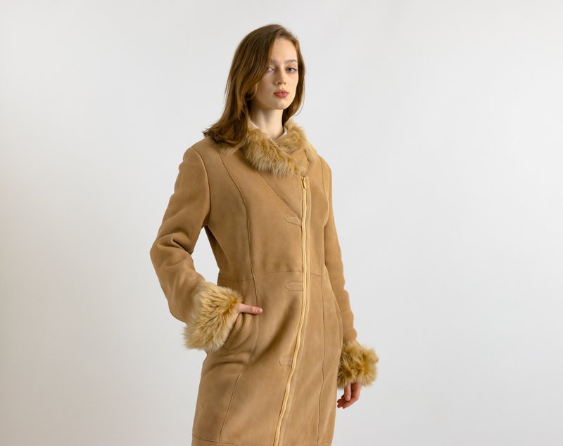 Vintage Suede Sheepskin Leather Shearling Fastens Coat size Small 7011 - 女西裝外套 - 羊毛 咖啡色