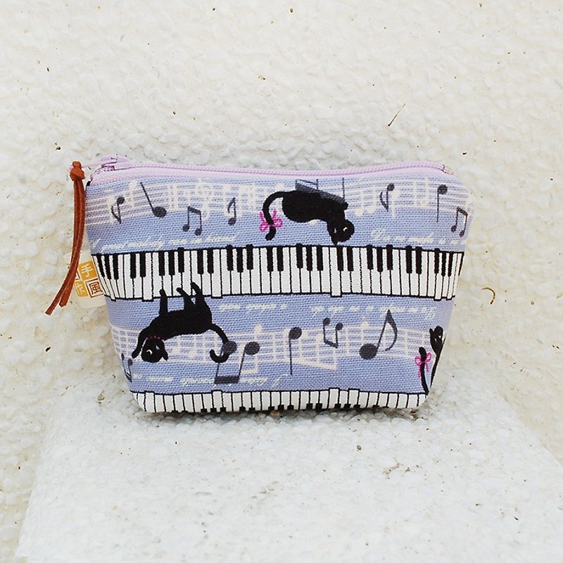 Piano black cat _ purple zero wallet - กระเป๋าใส่เหรียญ - ผ้าฝ้าย/ผ้าลินิน สีม่วง