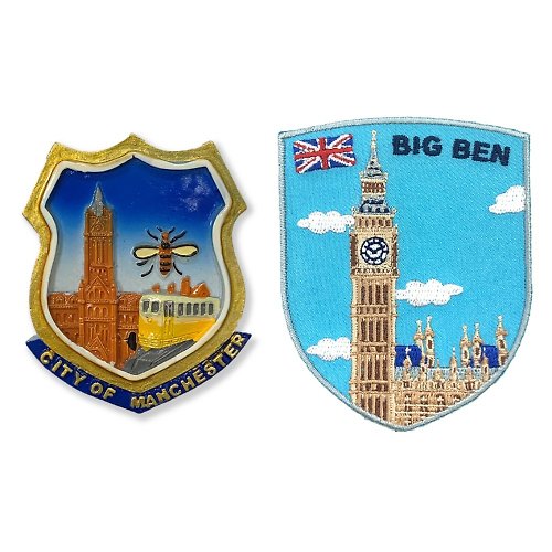 A-ONE 英國曼彻斯特冰箱磁鐵+英國倫敦 大笨鐘 Big Ben立體繡貼【2件組