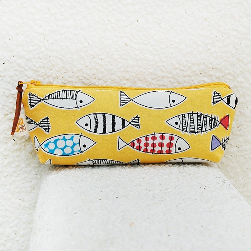 カラー小魚_黄色の底の広い鉛筆の袋/オーダー - ペンケース・筆箱 - コットン・麻 イエロー