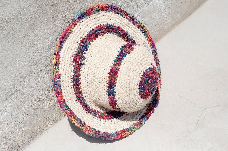 Ethnic mosaic hand-woven cotton Linen hat / knitted hat / hat / visor / hat - Tropical wind gradient stripes (limit one) - หมวก - ผ้าฝ้าย/ผ้าลินิน หลากหลายสี