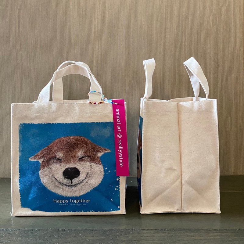 【絕版出清】柴犬畫作手工訂製帆布包 I 遛狗包 I  束口袋 - 手提包/手提袋 - 棉．麻 白色