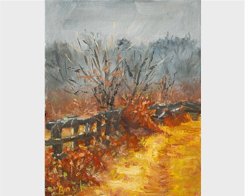 Elena Boyko Autumn landscape oil painting Golden autumn Park Forest Foggy morning Fog Rest