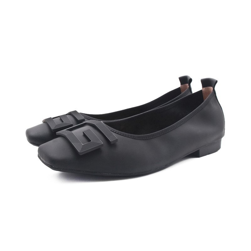 PQ Big G Decorated Genuine Leather Silk Smooth Texture Low Heels Women's Shoes - Matt Black - รองเท้าส้นสูง - ยาง 