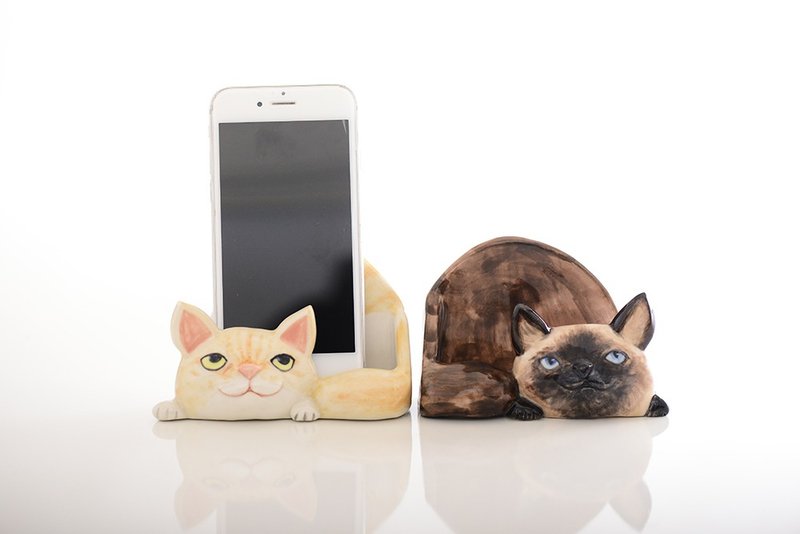 Cat phone holder business card holder - Phone Stands & Dust Plugs - Porcelain Orange