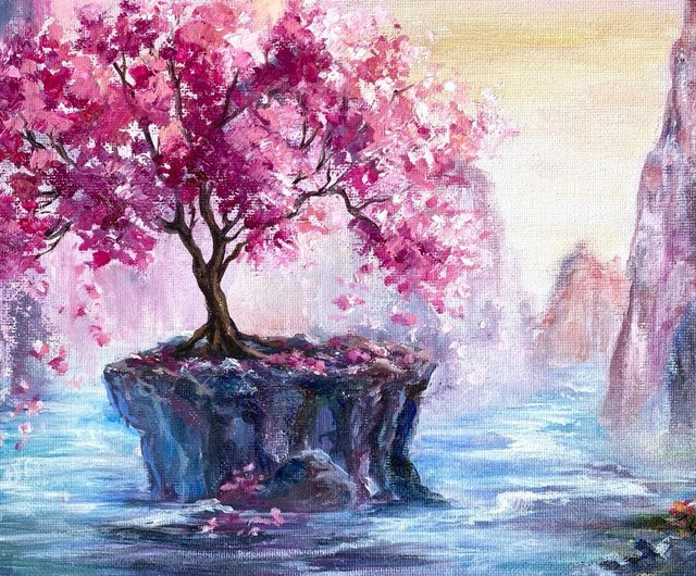 桜の絵画 オリジナル油絵 山の風景 川の絵画 桜 - ショップ AsheArt ポスター・絵 - Pinkoi