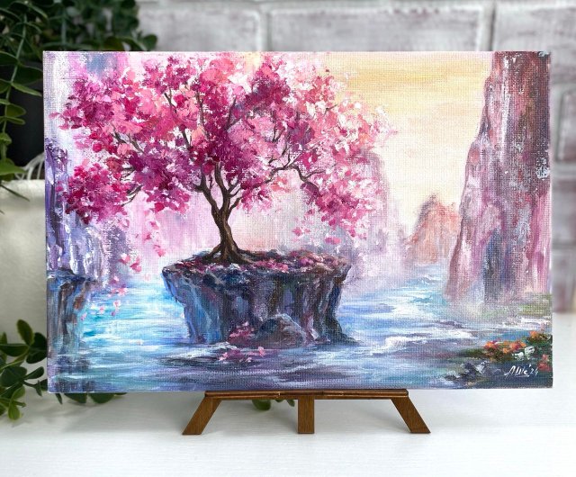 桜の絵画 オリジナル油絵 山の風景 川の絵画 桜 - ショップ AsheArt ポスター・絵 - Pinkoi