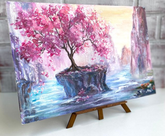 桜の絵画 オリジナル油絵 山の風景 川の絵画 桜 - ショップ