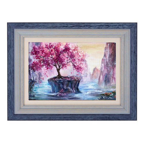 桜の絵画 オリジナル油絵 山の風景 川の絵画 桜 - ショップ