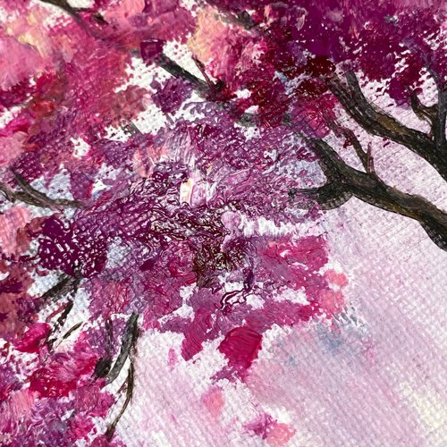 桜の絵画 オリジナル油絵 山の風景 川の絵画 桜 - ショップ AsheArt ポスター・絵 - Pinkoi